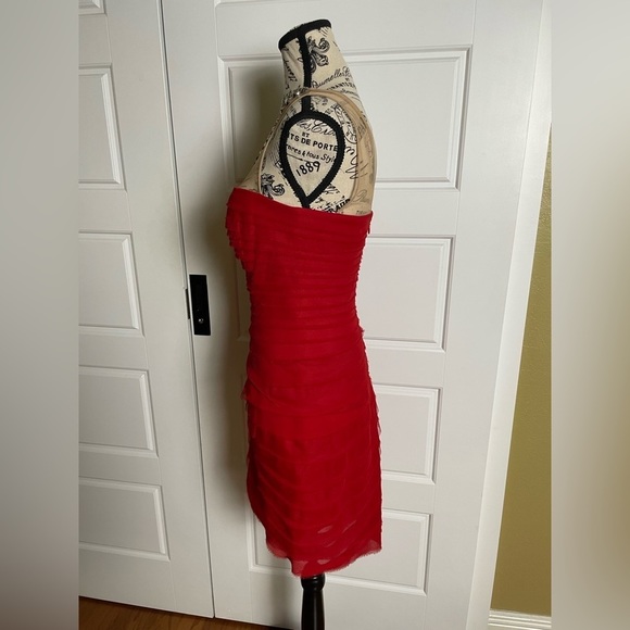 BCBG MAXAZRIA MAIA ROUGE RED COCKTAIL NUDE MESH TOP PINTUCK GEORGETTE DRESS 4 - Picture 7 of 9